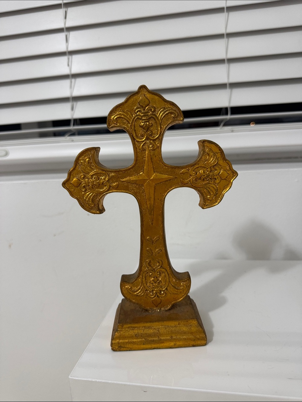 Ornate Distressed Gold Decorative Cross Tabletop Standing